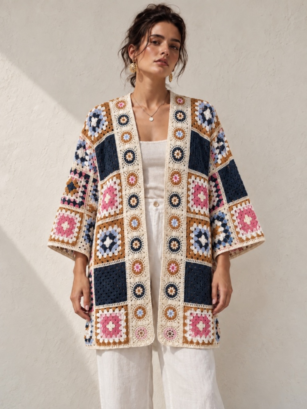 Boho Crochet Granny Square Cardigan Original Designed in USA Open Front Size OS
